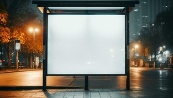 ai généré illuminé panneau d'affichage dans le ville, La publicité dans le nuit généré par ai photo