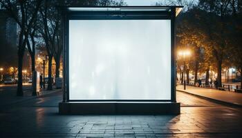 ai généré illuminé panneau d'affichage dans le ville, vide de publicité généré par ai photo