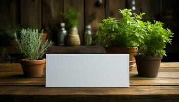 ai généré en bois table avec mis en pot plante et vide vase généré par ai photo