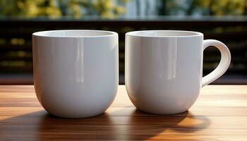 ai généré en bois café tasse sur table avec Frais chaud boisson généré par ai photo