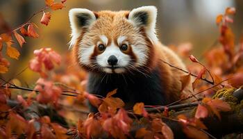 ai généré mignonne chiot séance sur branche dans l'automne forêt généré par ai photo