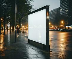 ai généré illuminé panneau d'affichage lumières en haut le ville à nuit généré par ai photo