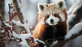 ai généré mignonne ours en jouant dans le neigeux forêt généré par ai photo