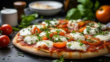 ai généré fraîcheur et saveur sur une fait maison gourmet Pizza généré par ai photo