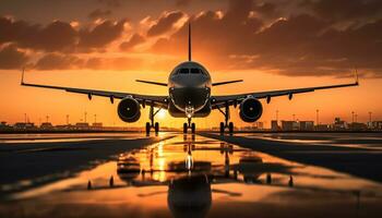 ai généré le coucher du soleil silhouette de avion prise de à crépuscule généré par ai photo