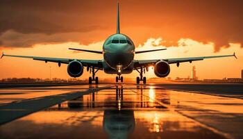 ai généré avion prise de à coucher de soleil, affaires Voyage mode généré par ai photo