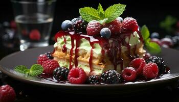 ai généré Frais baie dessert avec Chocolat crème et menthe feuille généré par ai photo