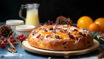 ai généré fait maison sucré tarte sur rustique en bois table généré par ai photo