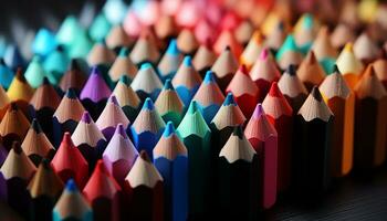 ai généré multi coloré crayon ensemble sur bois Contexte généré par ai photo