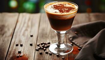 ai généré en bois tableau, café tasse, mousseux boire, rustique élégance généré par ai photo