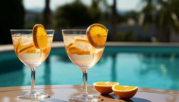 ai généré rafraîchissant été cocktail par le piscine, tropical paradis généré par ai photo