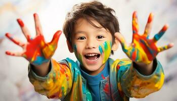 ai généré de bonne humeur les enfants jouant, souriant, La peinture avec joie généré par ai photo