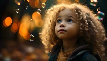 ai généré souriant enfant soufflant bulles, profiter insouciant été généré par ai photo