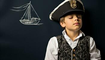 ai généré mignonne garçons dans uniforme en jouant comme pirate capitaines généré par ai photo