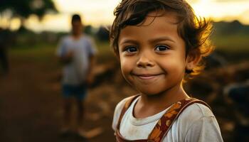 ai généré souriant enfant profiter été, bonheur dans la nature généré par ai photo