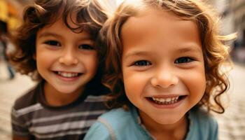 ai généré souriant enfant, de bonne humeur garçons, mignonne portrait, joyeux les filles généré par ai photo