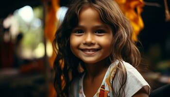 ai généré souriant enfant, mignonne portrait, joyeux fille, insouciant été généré par ai photo