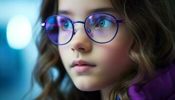 ai généré mignonne fille avec lunettes souriant, innocence et joie généré par ai photo