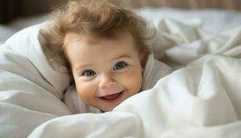 ai généré souriant bébé garçon mensonge sur confortable lit généré par ai photo