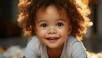 ai généré souriant mignonne enfant avec frisé cheveux à la recherche à caméra généré par ai photo