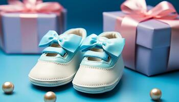 ai généré bleu bébé chaussons, une cadeau pour une fête généré par ai photo