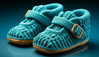 ai généré bleu la laine bébé chaussons, parfait pour hiver généré par ai photo
