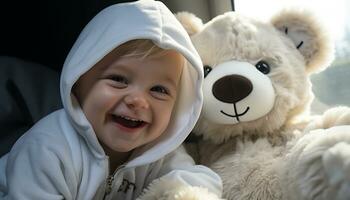 ai généré mignonne souriant enfant en jouant avec duveteux nounours ours généré par ai photo