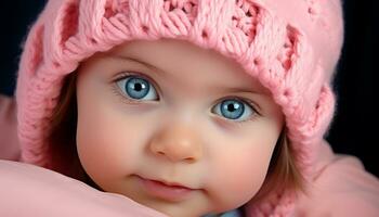 ai généré mignonne bébé fille avec bleu yeux souriant généré par ai photo