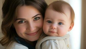 ai généré souriant mère embrassement mignonne bébé, l'amour et bonheur généré par ai photo