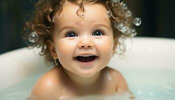 ai généré mignonne bébé fille souriant dans baignoire, profiter propreté généré par ai photo