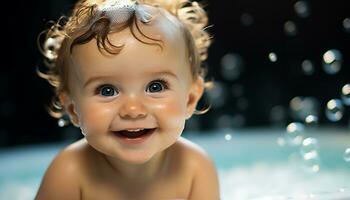 ai généré mignonne bébé garçon souriant, en jouant dans le l'eau généré par ai photo