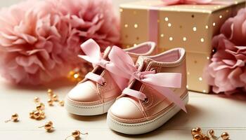 ai généré rose bébé chaussons, une mignonne cadeau pour fête généré par ai photo