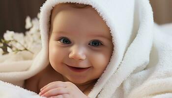 ai généré mignonne bébé garçon souriant, enveloppé dans une serviette généré par ai photo