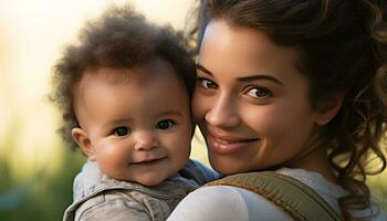 ai généré souriant enfant, famille bonheur, mère en plein air, mignonne l'amour généré par ai photo