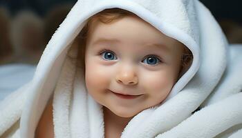 ai généré mignonne souriant bébé, portrait de de bonne humeur petit enfant généré par ai photo