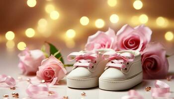 ai généré rose fleur, bébé chaussure, aimer, fête, décoration, petit généré par ai photo