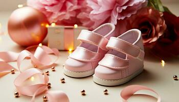 ai généré bébé chaussons dans rose, une cadeau de l'amour généré par ai photo