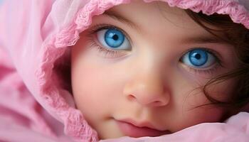 ai généré mignonne bébé fille avec bleu yeux souriant généré par ai photo