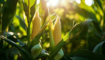 ai généré vert blé plante grandit dans le ensoleillé Prairie généré par ai photo