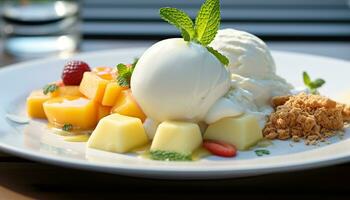 ai généré gourmet dessert assiette avec Frais fruit et menthe généré par ai photo