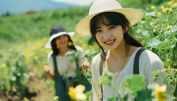 ai généré deux femmes souriant, travail en plein air, en portant Frais fleurs généré par ai photo