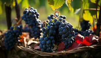 ai généré Frais grain de raisin grappes pendaison sur vigne dans vignoble généré par ai photo