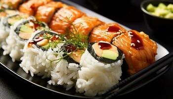 ai généré Frais Fruit de mer repas, gourmet plaque, Japonais culture généré par ai photo