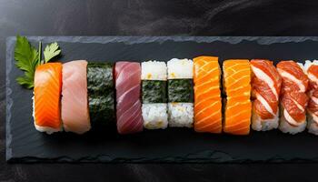 ai généré fraîcheur sur assiette Sushi, sashimis, fruit de mer, Avocat généré par ai photo