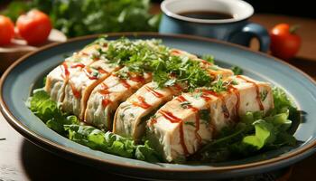 ai généré grillé Viande et légume salade sur en bois assiette généré par ai photo