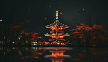 ai généré célèbre pagode illuminé à crépuscule reflète ancien des cultures généré par ai photo