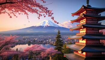 ai généré majestueux montagne, Cerise fleurir, illuminé pagode à crépuscule généré par ai photo
