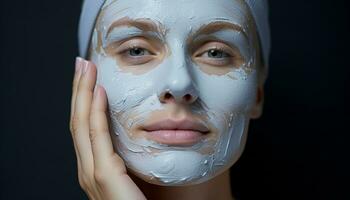 ai généré Jeune adulte femme appliquant faciale masque pour relaxation généré par ai photo