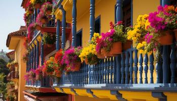 ai généré multi coloré fleur des pots décorer le balcon généré par ai photo