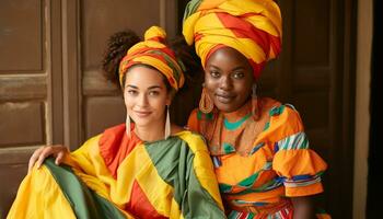 ai généré souriant femmes dans traditionnel vêtements, à la recherche à caméra généré par ai photo